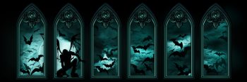 Illustration halloween banner with gothic windows a fallen angel or a vampire night sky with the moon and flying bats hordes on the background